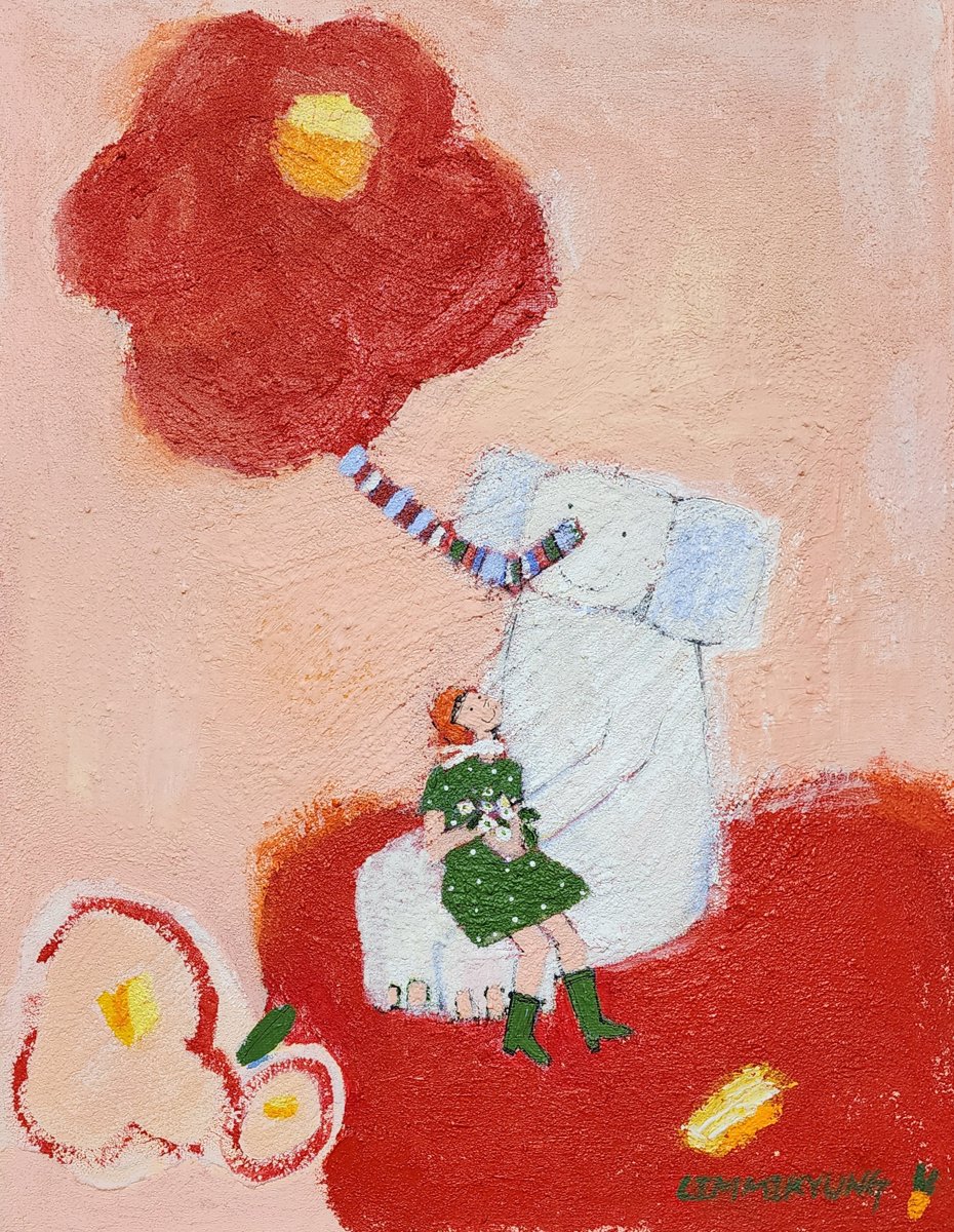 분무기로 꽃을 피우는 아기 코끼리 그림